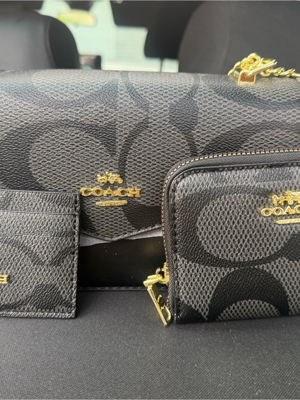 Coach Black Signature Canvas Wallet & Card Case with Gold Hardware